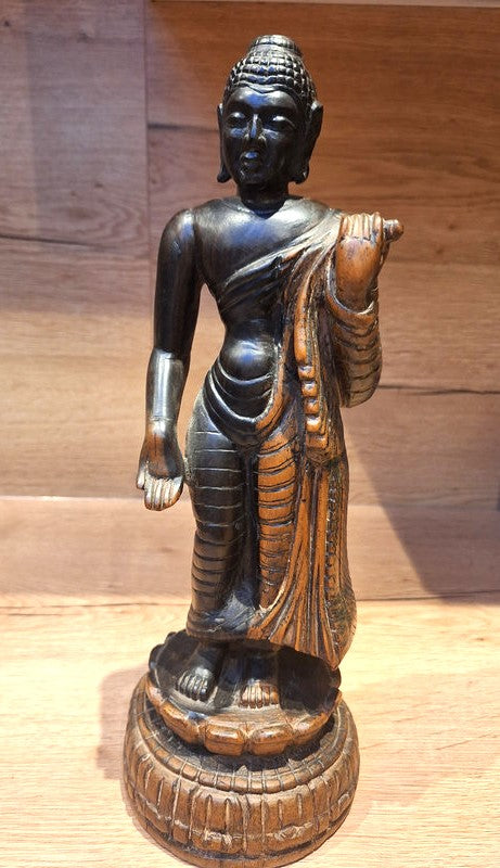 Grand Bouddha debout en bois massif sculpté – Statue Spirituelle Art d'Asie - 38cm