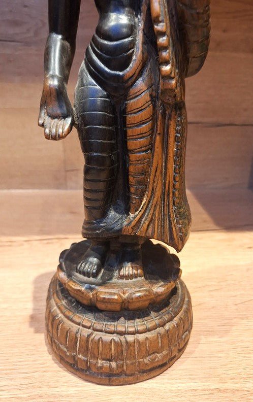 Grand Bouddha debout en bois massif sculpté – Statue Spirituelle Art d'Asie - 38cm