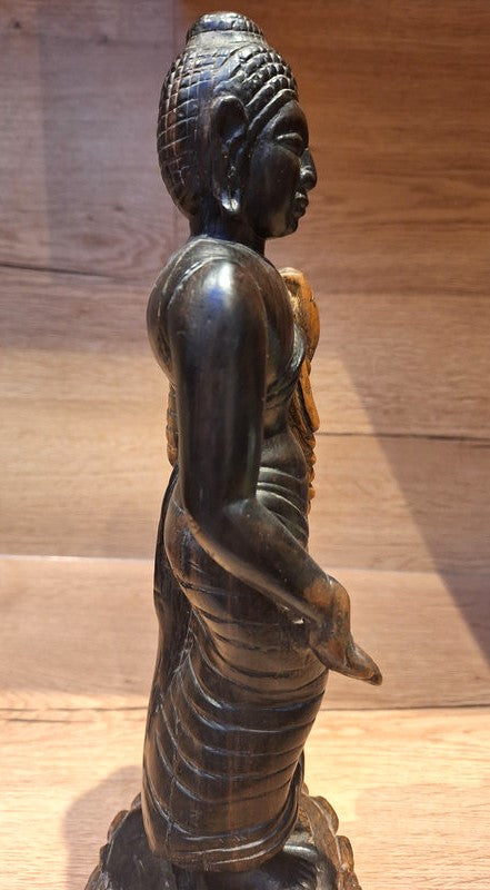 Grand Bouddha debout en bois massif sculpté – Statue Spirituelle Art d'Asie - 38cm