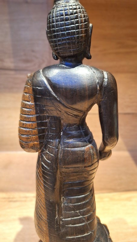 Grand Bouddha debout en bois massif sculpté – Statue Spirituelle Art d'Asie - 38cm