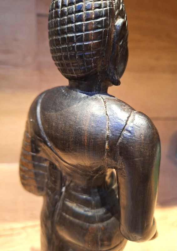 Grand Bouddha debout en bois massif sculpté – Statue Spirituelle Art d'Asie - 38cm