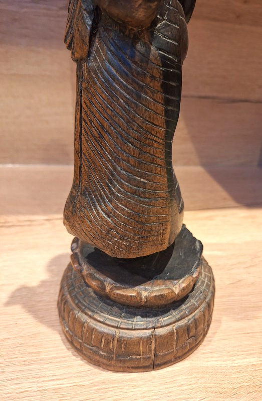 Grand Bouddha debout en bois massif sculpté – Statue Spirituelle Art d'Asie - 38cm