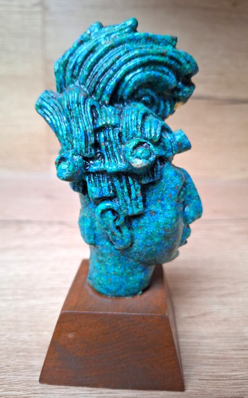 Buste de Pakal le Grand – Roi Maya de Palenque – Sculpture en Malachite composite 16 cm