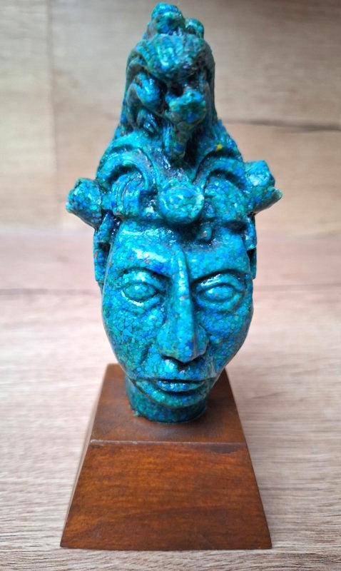 Buste de Pakal le Grand – Roi Maya de Palenque – Sculpture en Malachite composite 16 cm