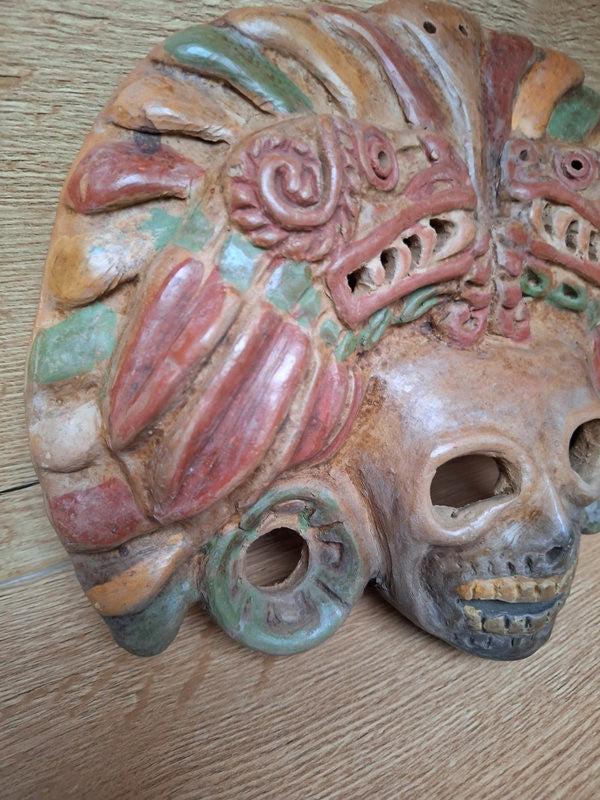 Masque Aztèque en Terre Cuite Polychrome - Dualité Vie et Mort - Quetzalcóatl et Mictlāntēcutli. Artisanat du Mexique