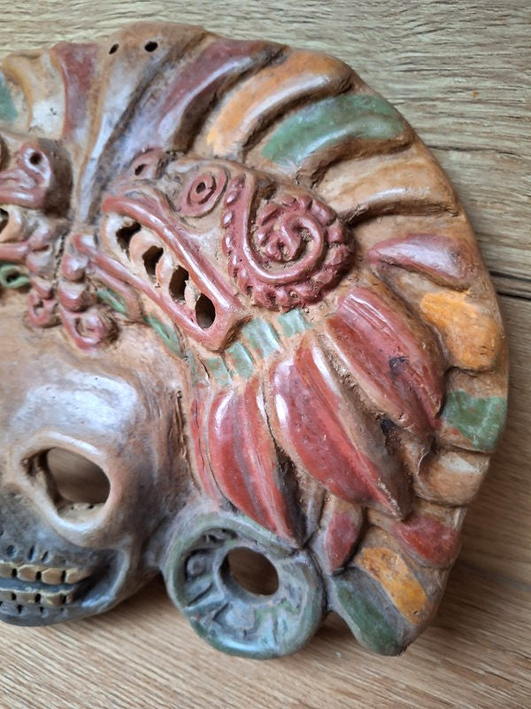 Masque Aztèque en Terre Cuite Polychrome - Dualité Vie et Mort - Quetzalcóatl et Mictlāntēcutli. Artisanat du Mexique