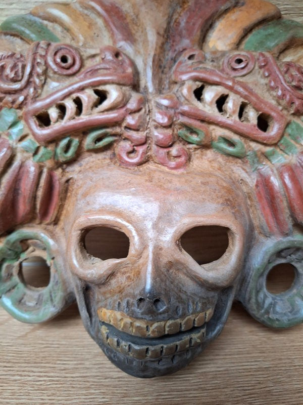 Masque Aztèque en Terre Cuite Polychrome - Dualité Vie et Mort - Quetzalcóatl et Mictlāntēcutli. Artisanat du Mexique