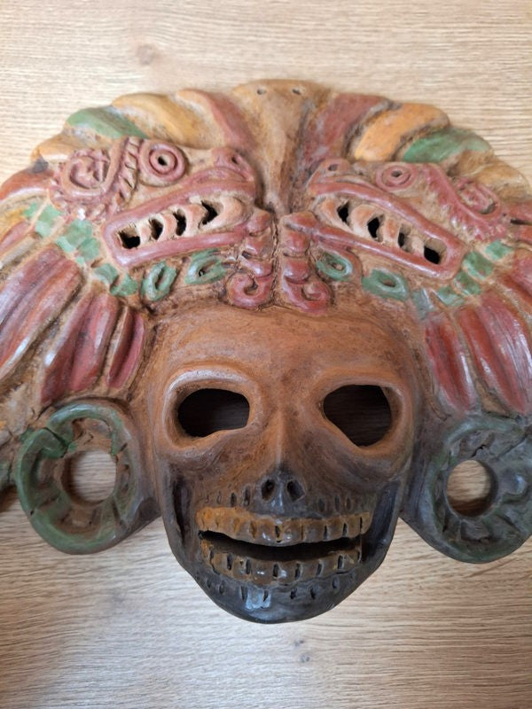 Masque Aztèque en Terre Cuite Polychrome - Dualité Vie et Mort - Quetzalcóatl et Mictlāntēcutli. Artisanat du Mexique