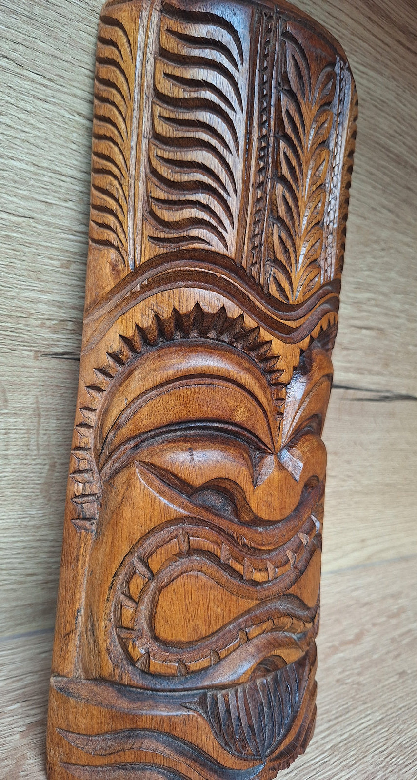 Masque Tiki polynésien en bois sculpté – Art des îles du Pacifique – Vintage – 30 cm