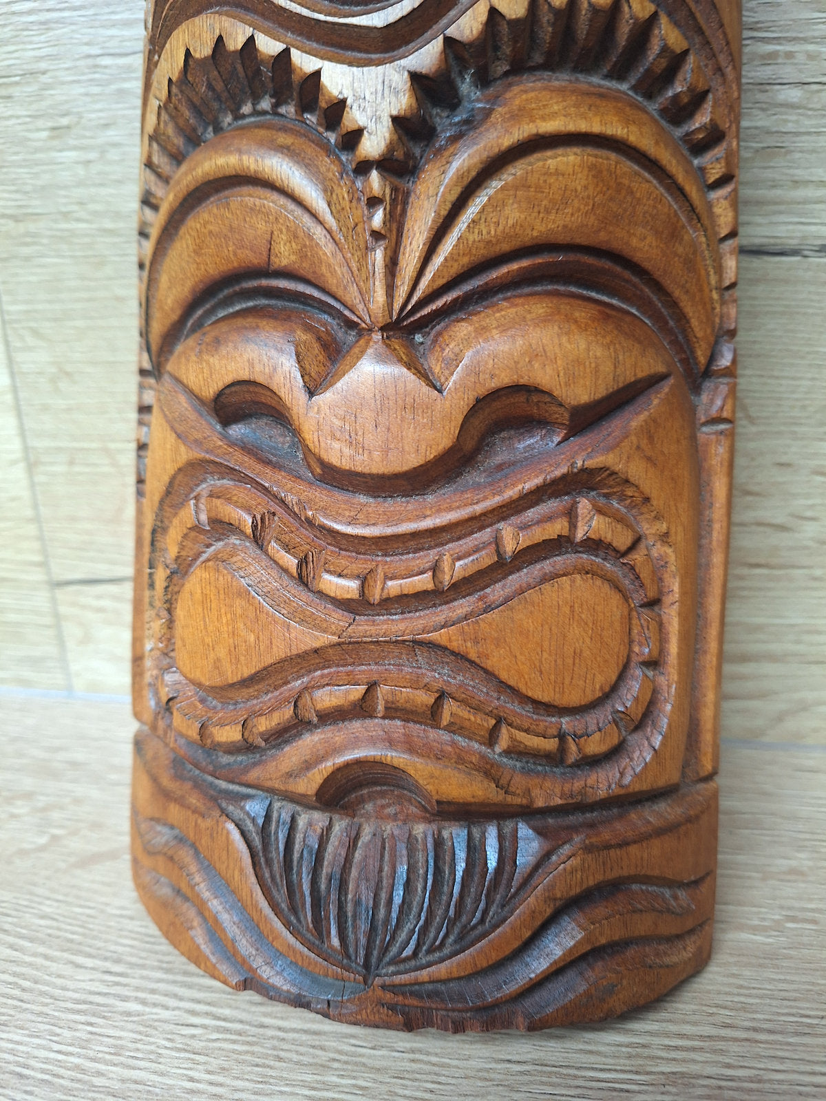 Masque Tiki polynésien en bois sculpté – Art des îles du Pacifique – Vintage – 30 cm