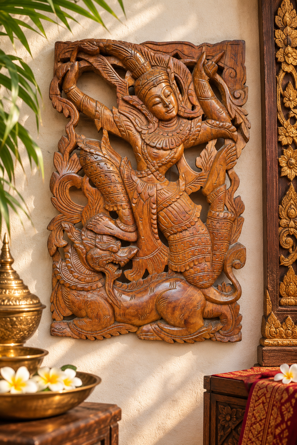 Panneau mural birman – Apsara sur Makara – Bois sculpté ajouré – Myanmar – 46 cm