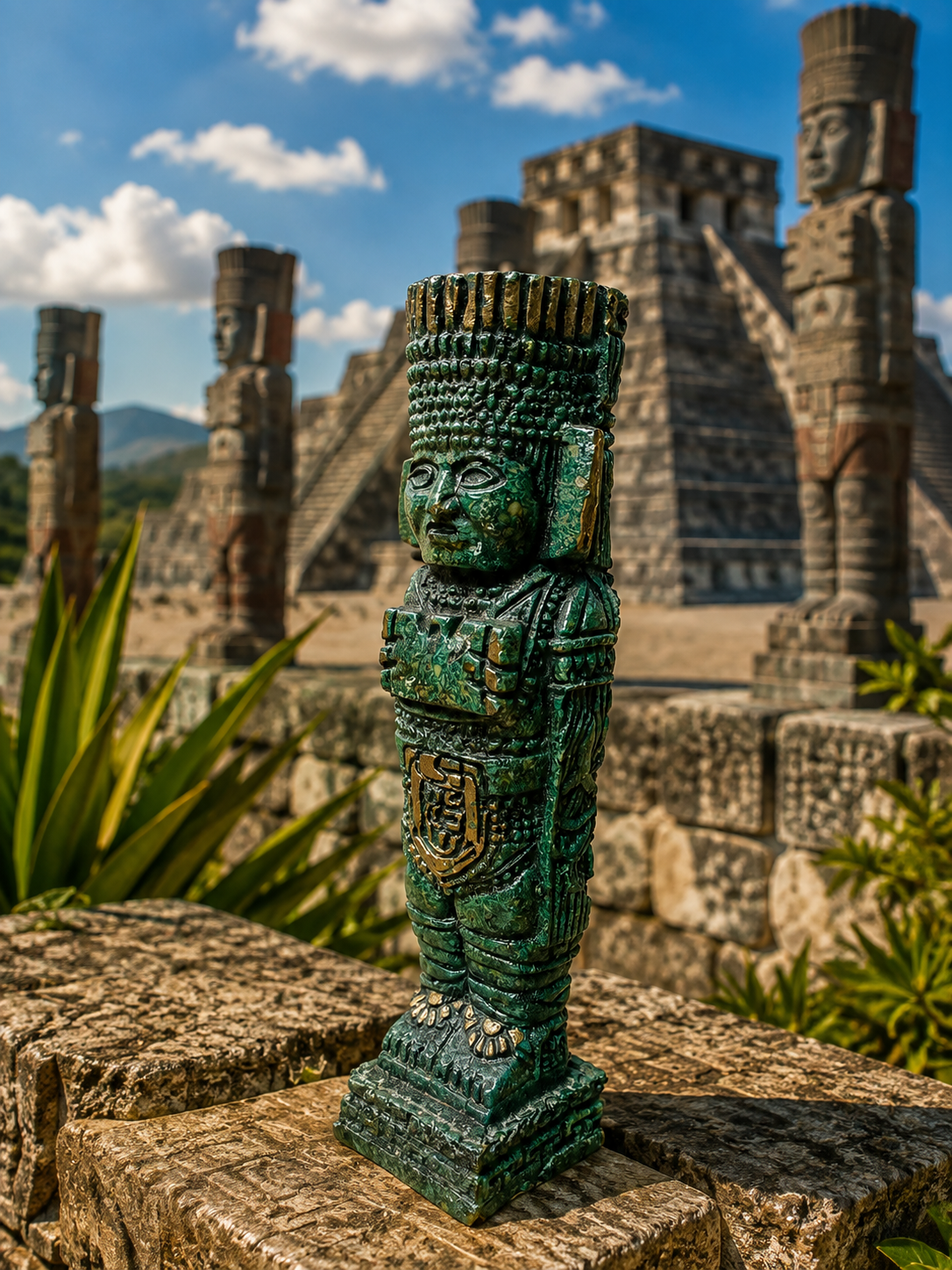 Atlante de Tula en Malachite – Guerrier Toltèque – Sculpture Mexique 19 cm