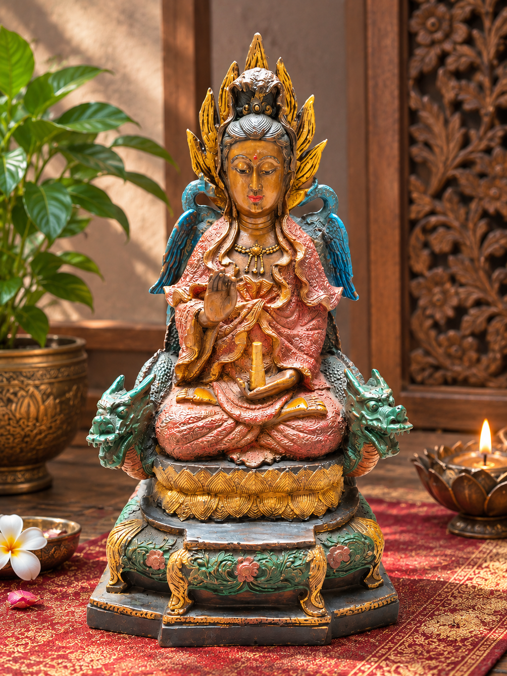 Grande statue ancienne en bronze peint – Bodhisattva bouddhiste sur trône de dragons, Chine, objet d’art 30 cm