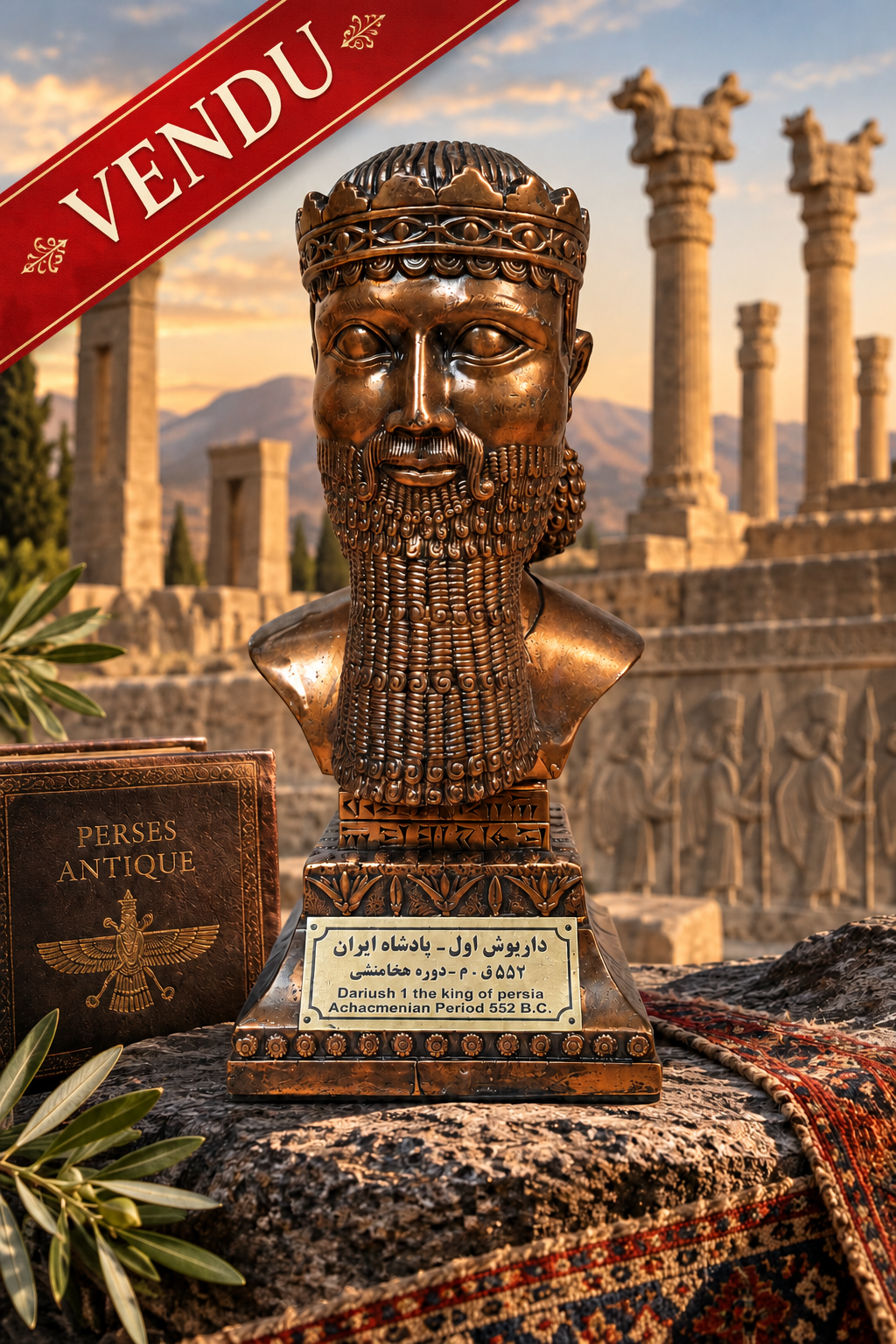Buste de Darius Ier Souverain Antique, Statuette Style Achémenide Effet Bronze, 21cm