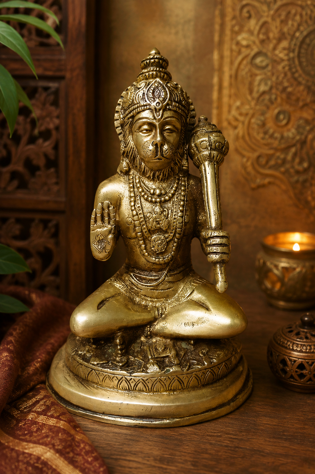 Hanuman en méditation – Statue hindoue en bronze – Dieu singe du Ramayana – Inde