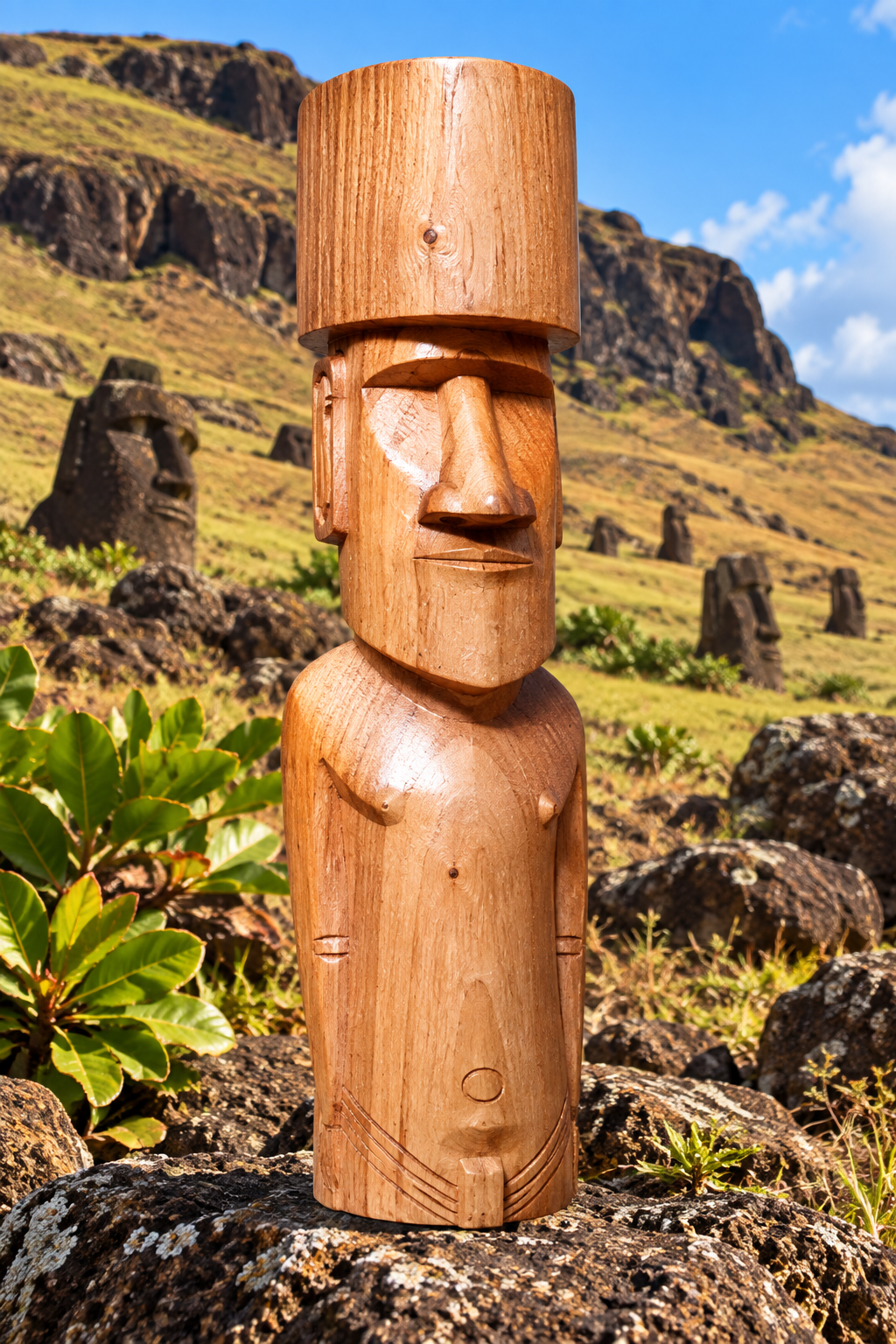 Grand Moaï de Rapa Nui avec Pukao – Bois sculpté clair – Île de Pâques – 39 cm