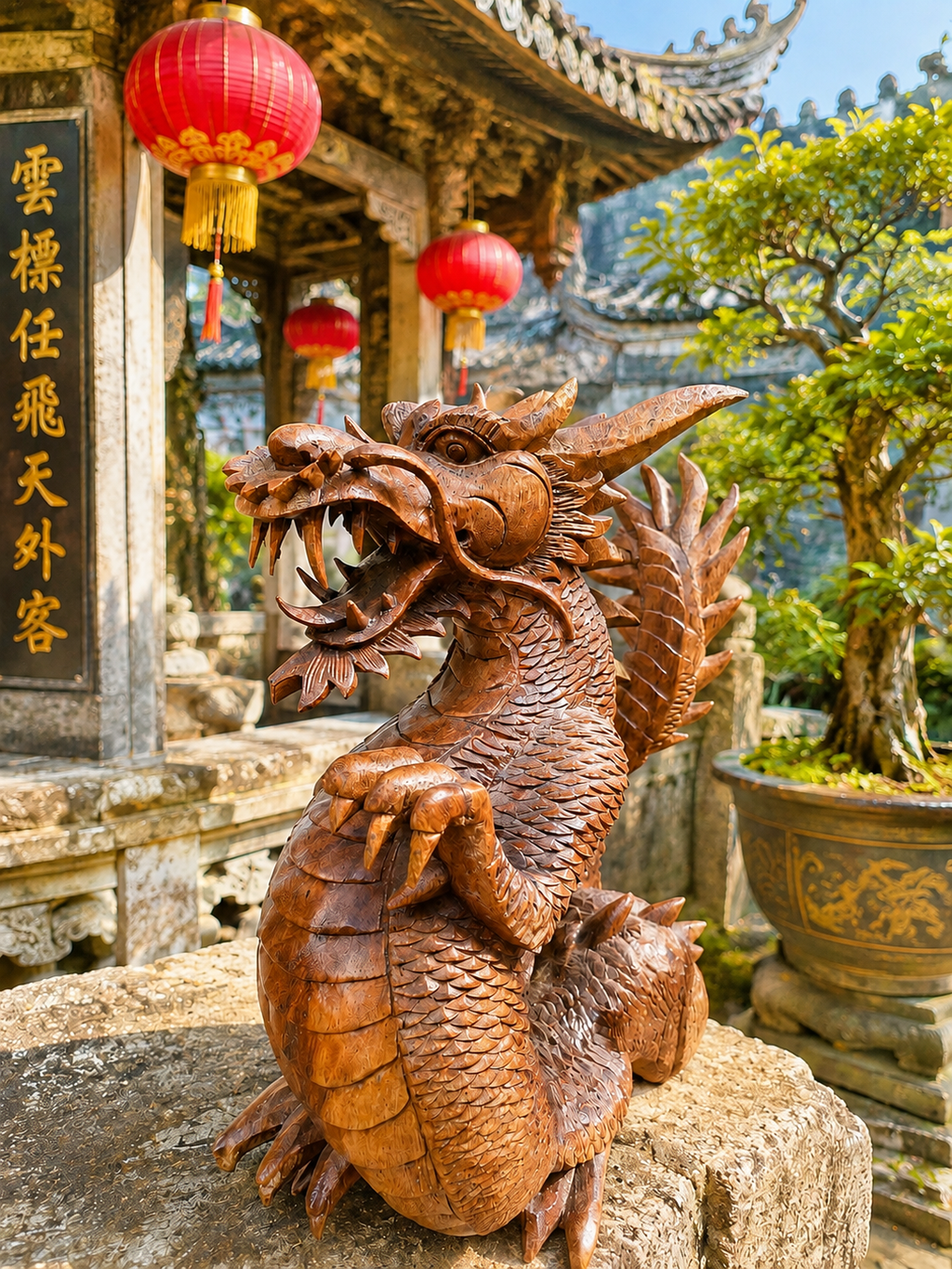 Sculpture artisanale en bois , Dragon Asiatique protecteur. Asie