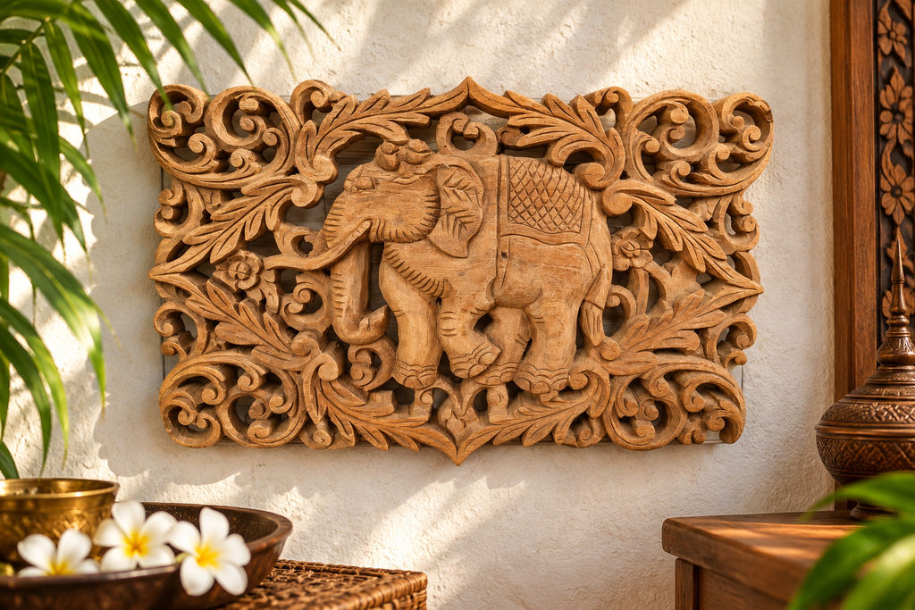 Panneau mural thaïlandais – Éléphant en teck sculpté – Artisanat de Chiang Mai – 30 × 20 cm