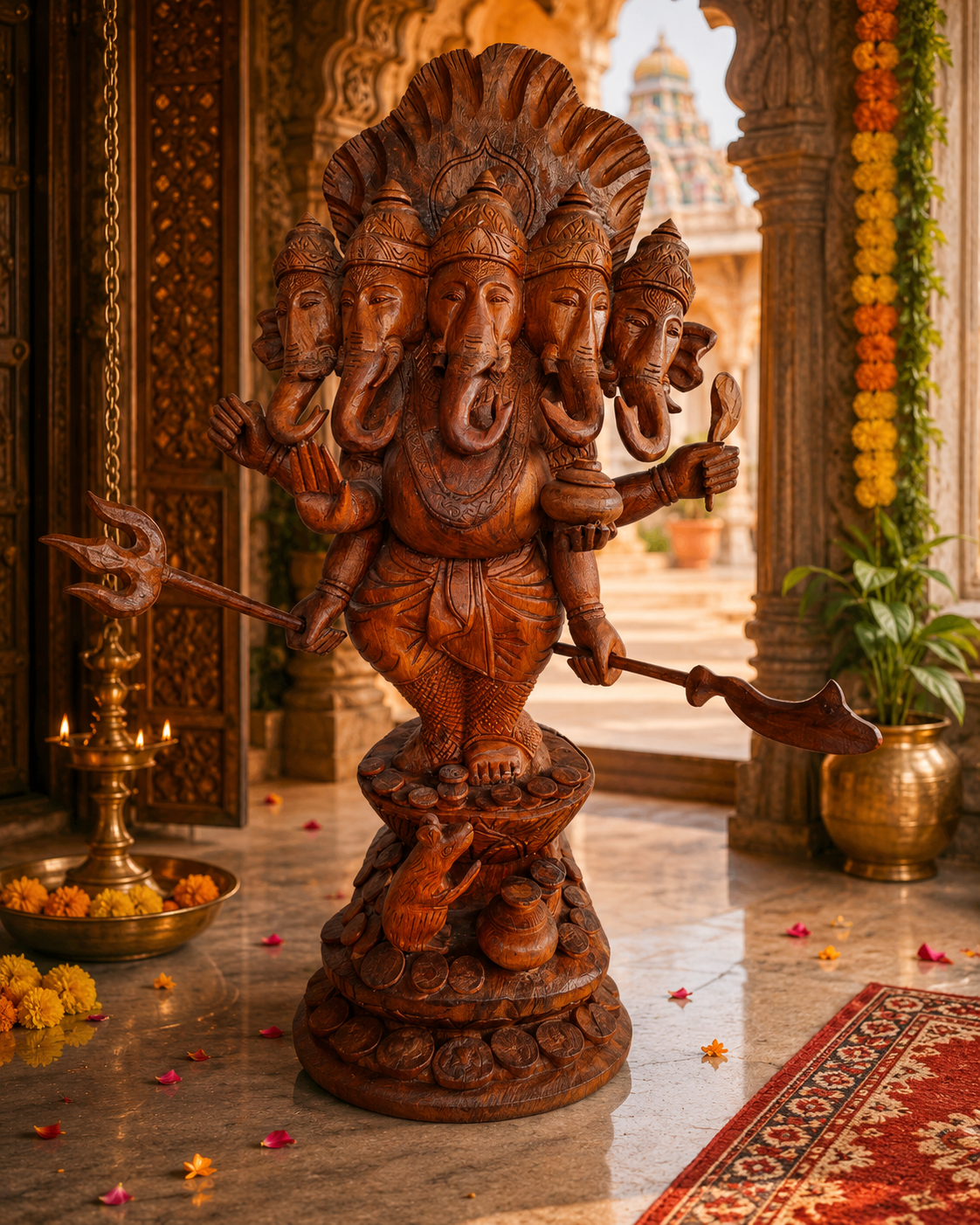 Grand Ganesh Panchamukhi à cinq visages – Sculpture en bois 65 cm – Inde