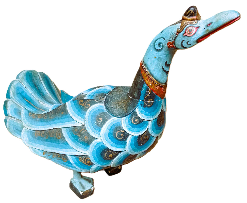 Statue Paon Balinais Vintage en Bois Polychrome - Gardien de Temple Indonésien Sculpté Main - Art Folklorique d'Asie - 33cm