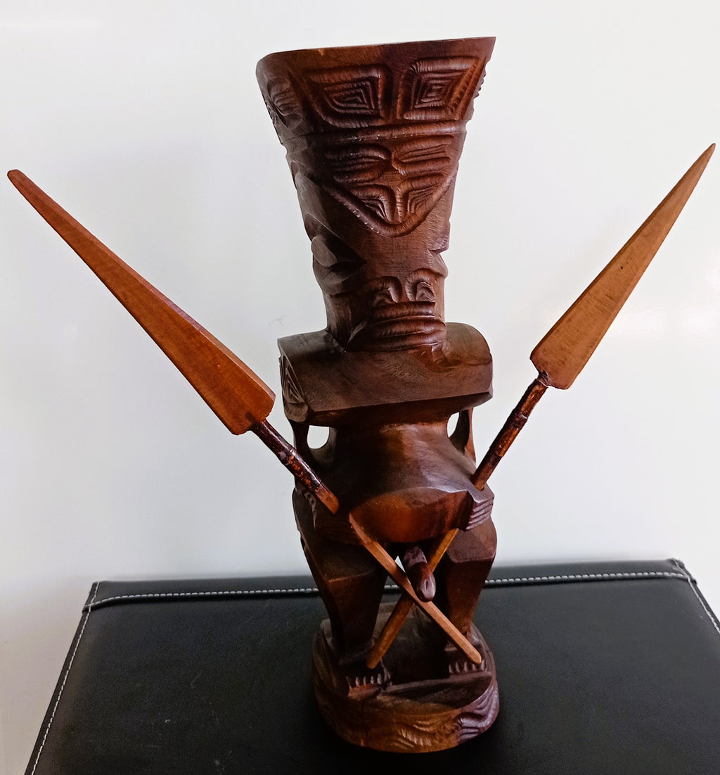 Couple de Tiki polynésiens en bois sculpté – Homme & Femme – Art des îles du Pacifique – 30 cm