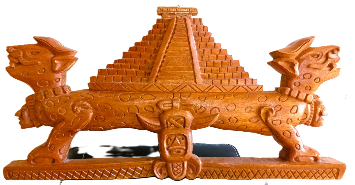 Sculpture Temple aux Jaguars – Bois sculpté – Art maya du Yucatán, Mexique – 42 cm