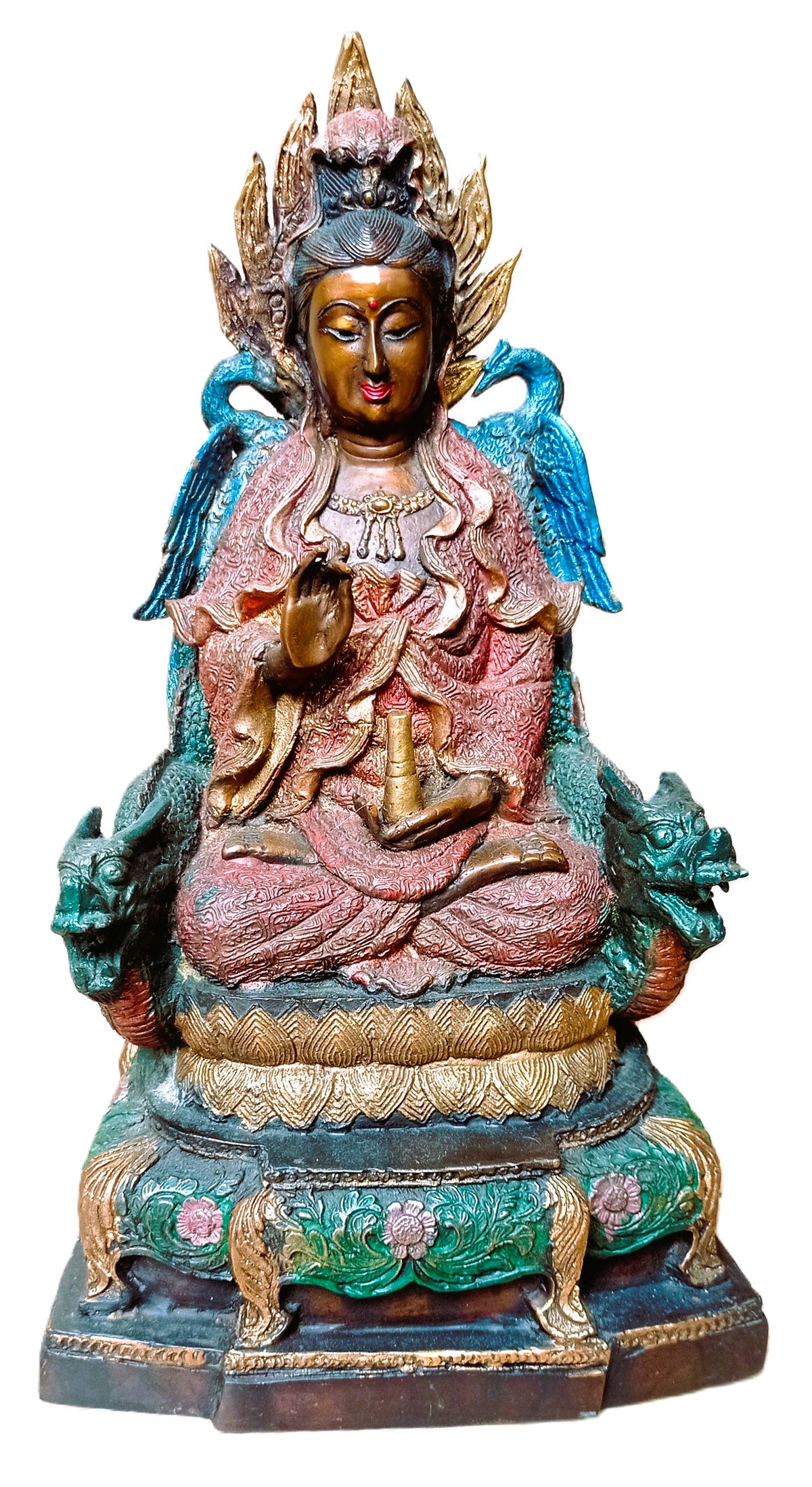 Grande statue ancienne en bronze peint – Bodhisattva bouddhiste sur trône de dragons, Chine, objet d’art 30 cm