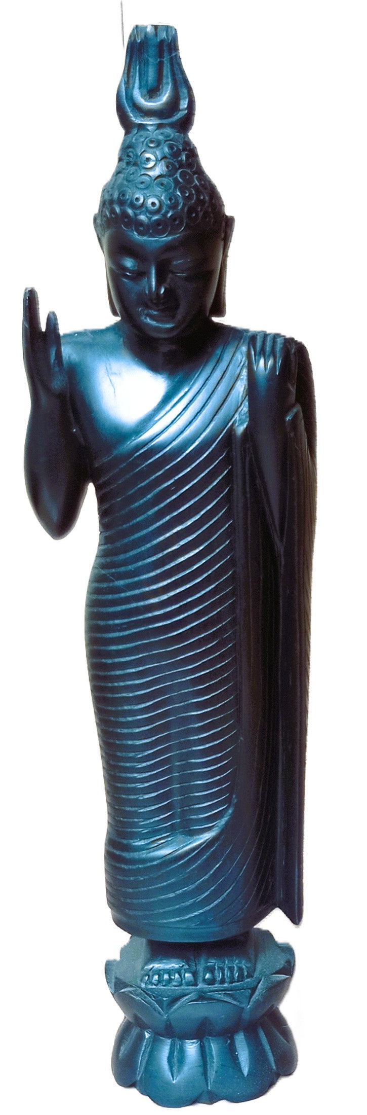 Statue Bouddha debout vintage en bois sculpté – Abhaya Mudra, Asie.