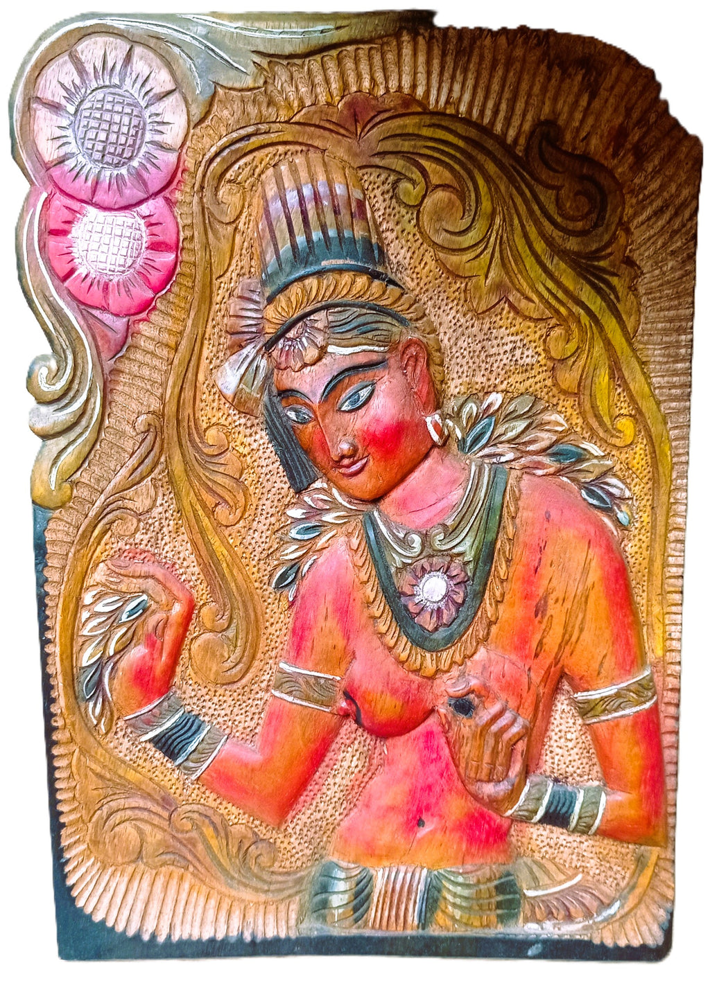 Panneau en bois sculpté représentant Les demoiselles de Sigiriya, Sri Lanka. Inde