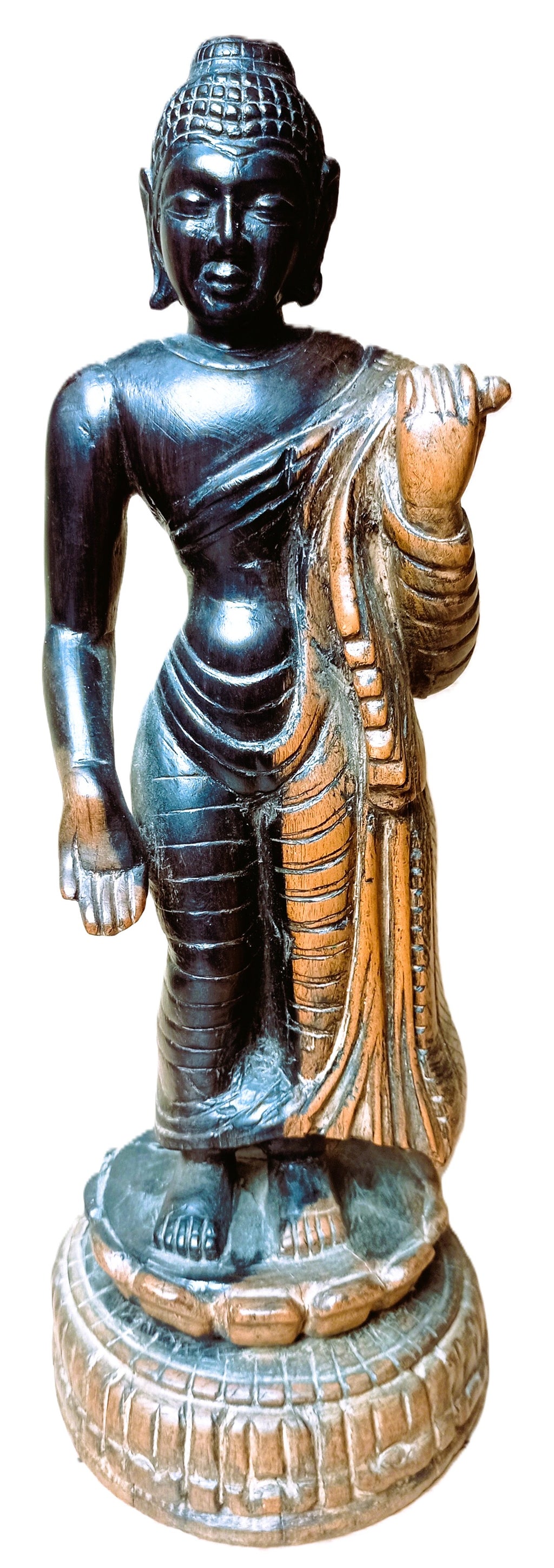 Grand Bouddha debout en bois massif sculpté – Statue Spirituelle Art d'Asie - 38cm
