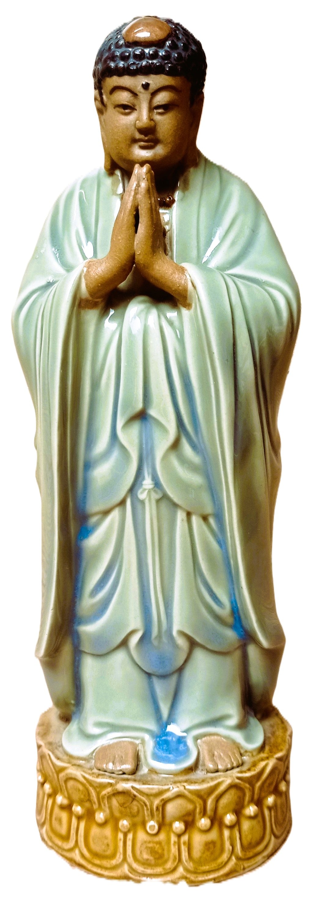 Statue de Bouddha en prière Anjali Mudra – Céramique émaillée vintage, Asie