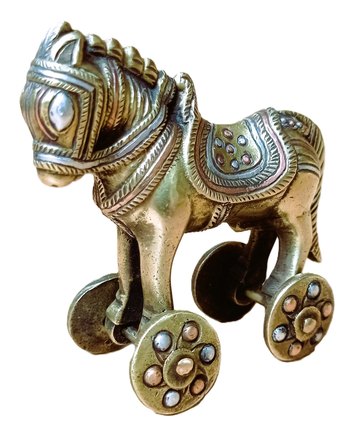 Figurine Vintage d'un cheval de mariage indien sur roues en laiton massif moulé, Jouet Ancien, Objet de Collection. Inde