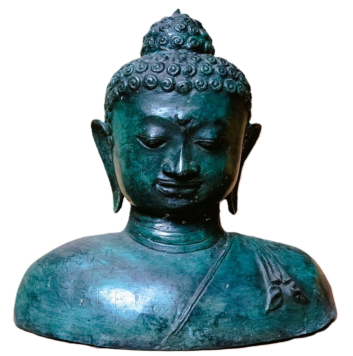 Buste de Bouddha thaïlandais en bronze – Patine verte ancienne - Art Asiatique du XXe Siècle - 28cm.