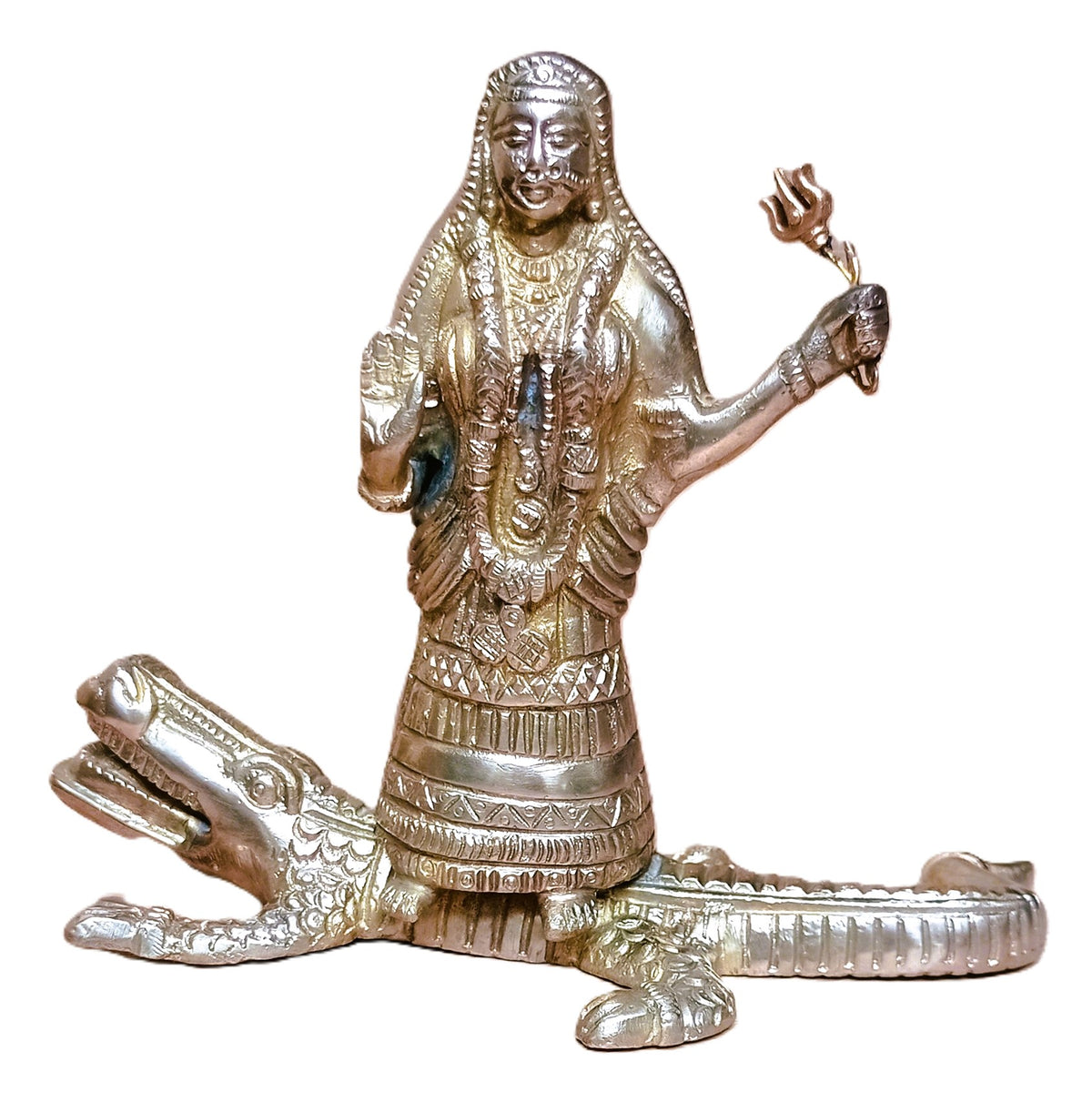 Khodiyar Mata sur son crocodile – Statuette ancienne en bronze massif – Inde, Gujarat