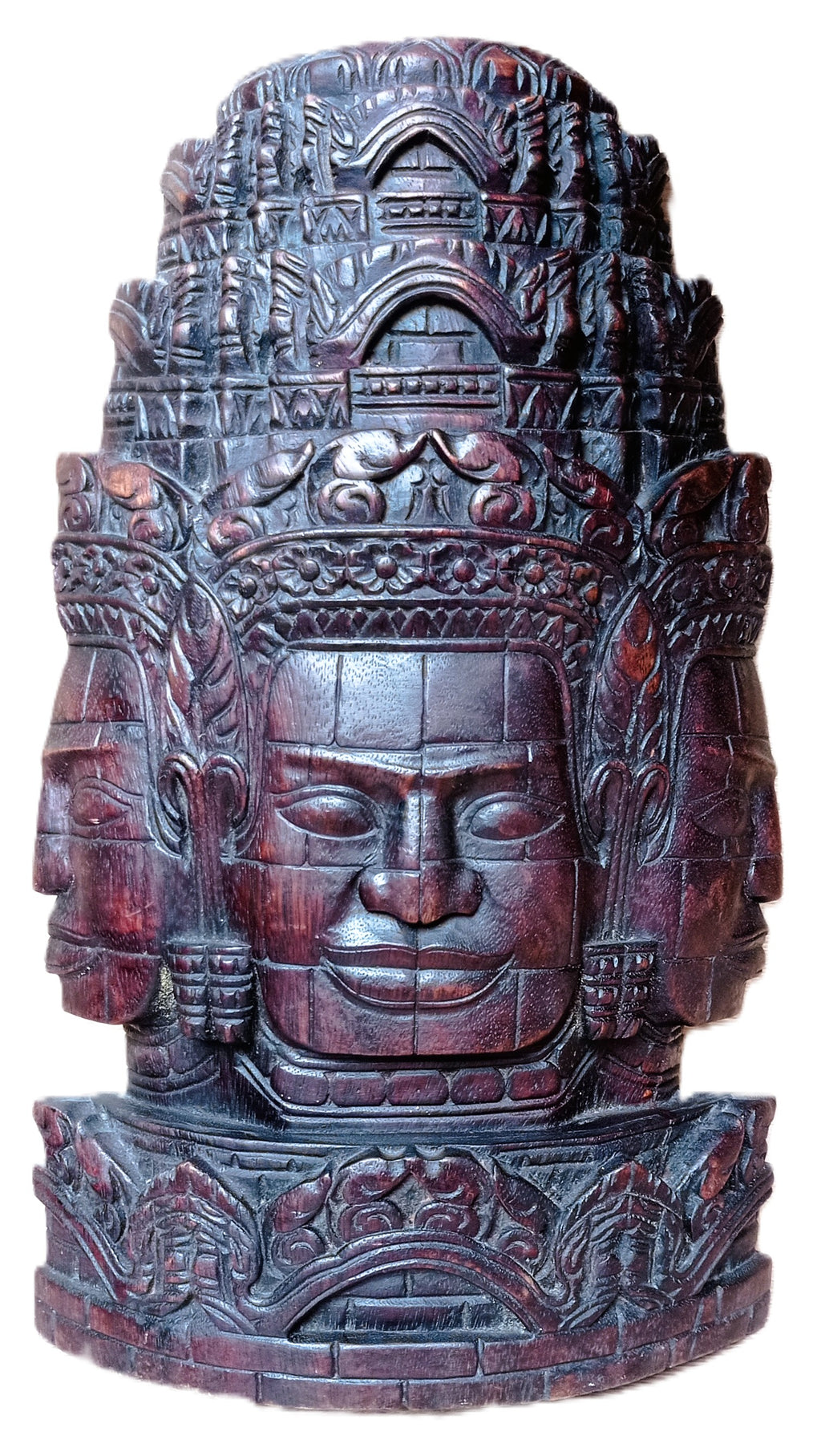 Grande sculpture Jayavarman VII – Visages du Bayon à Angkor – Bois sculpté khmer – Cambodge – 42 cm