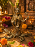 Khodiyar Mata sur son crocodile – Statuette ancienne en bronze massif – Inde, Gujarat