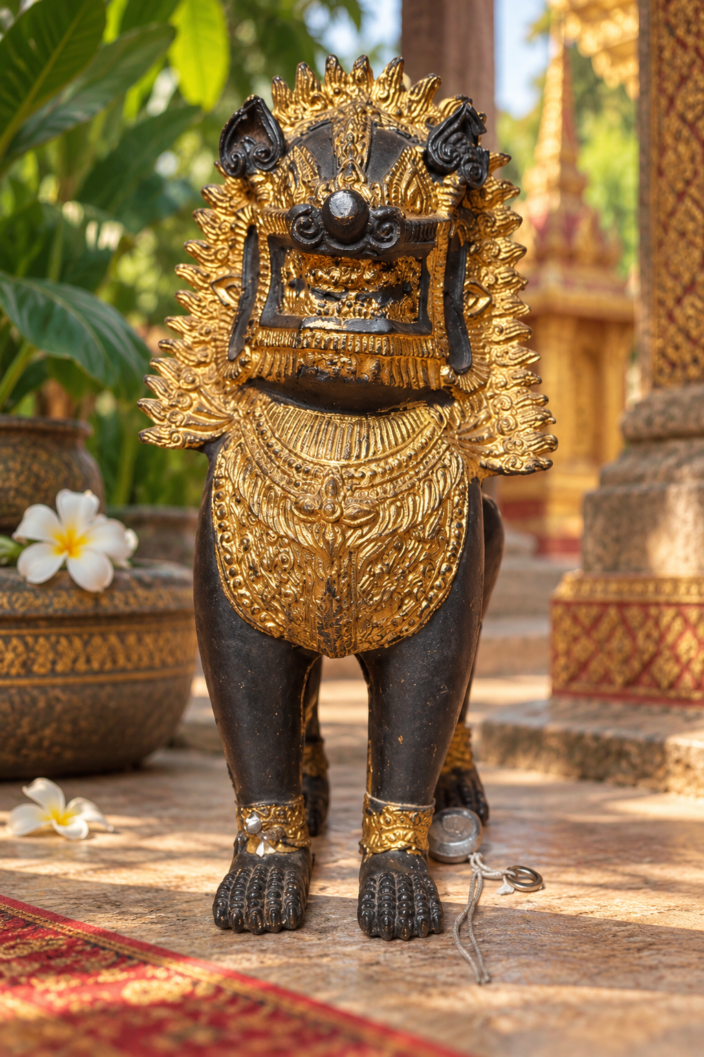Lion Singha thaïlandais en bronze doré – Gardien protecteur de temple – Thaïlande