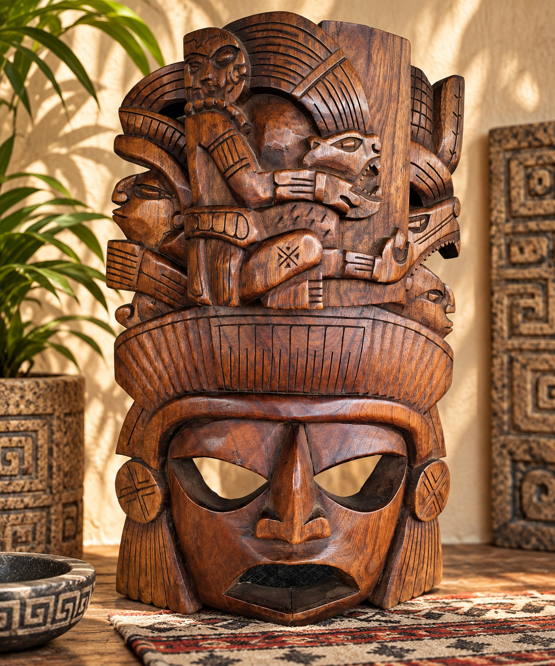 Grand masque mexicain en bois sculpté – Coiffe Jaguar cérémonielle – Inspiration Maya & Aztèque – 40 cm