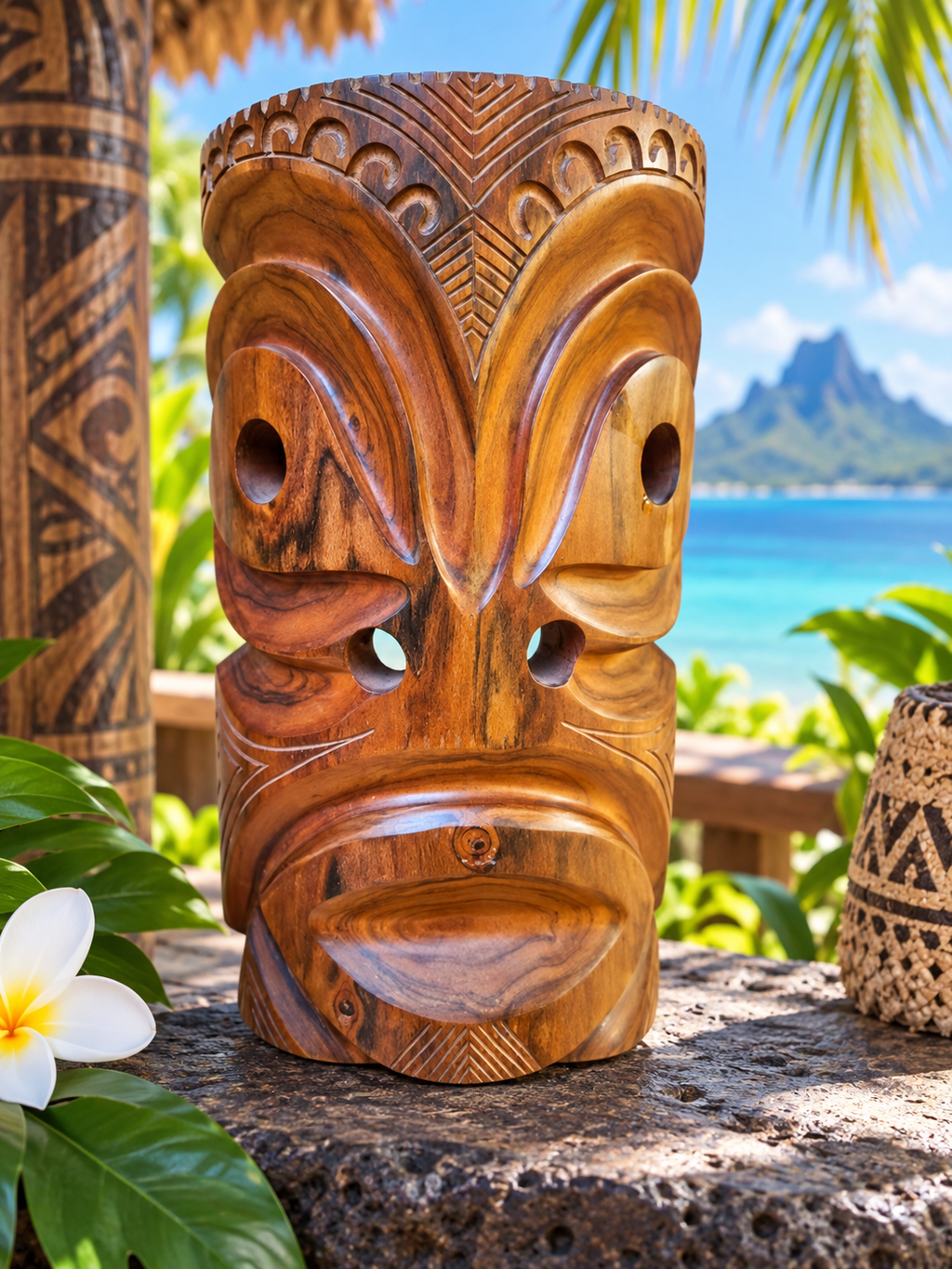 Masque Tiki en bois sculpté – Artisanat indonésien – Inspiration océanienne – 27 cm
