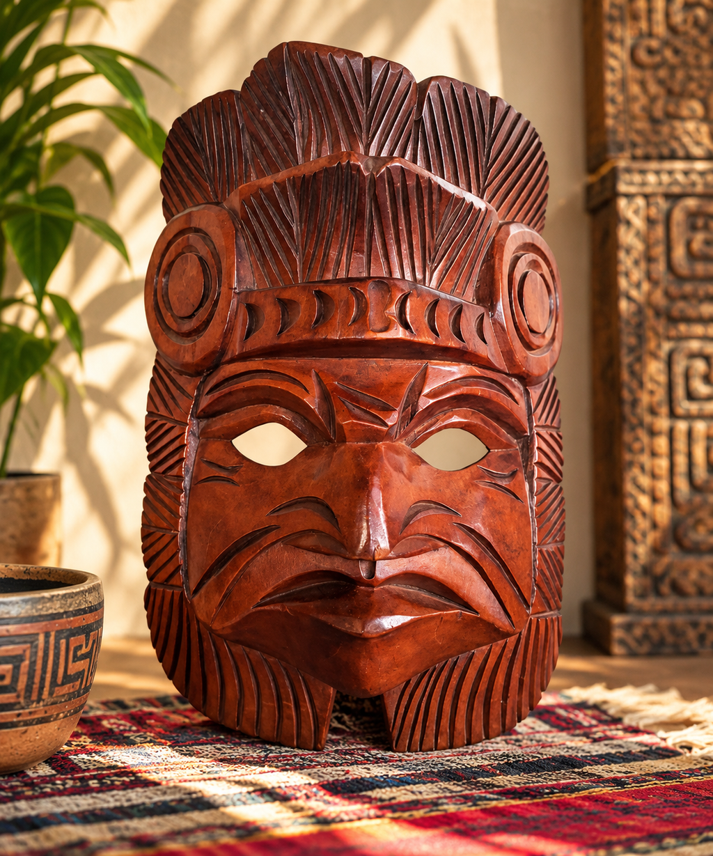Masque guatémaltèque en bois sculpté – Inspiration Maya – Artisanat traditionnel – 25 cm