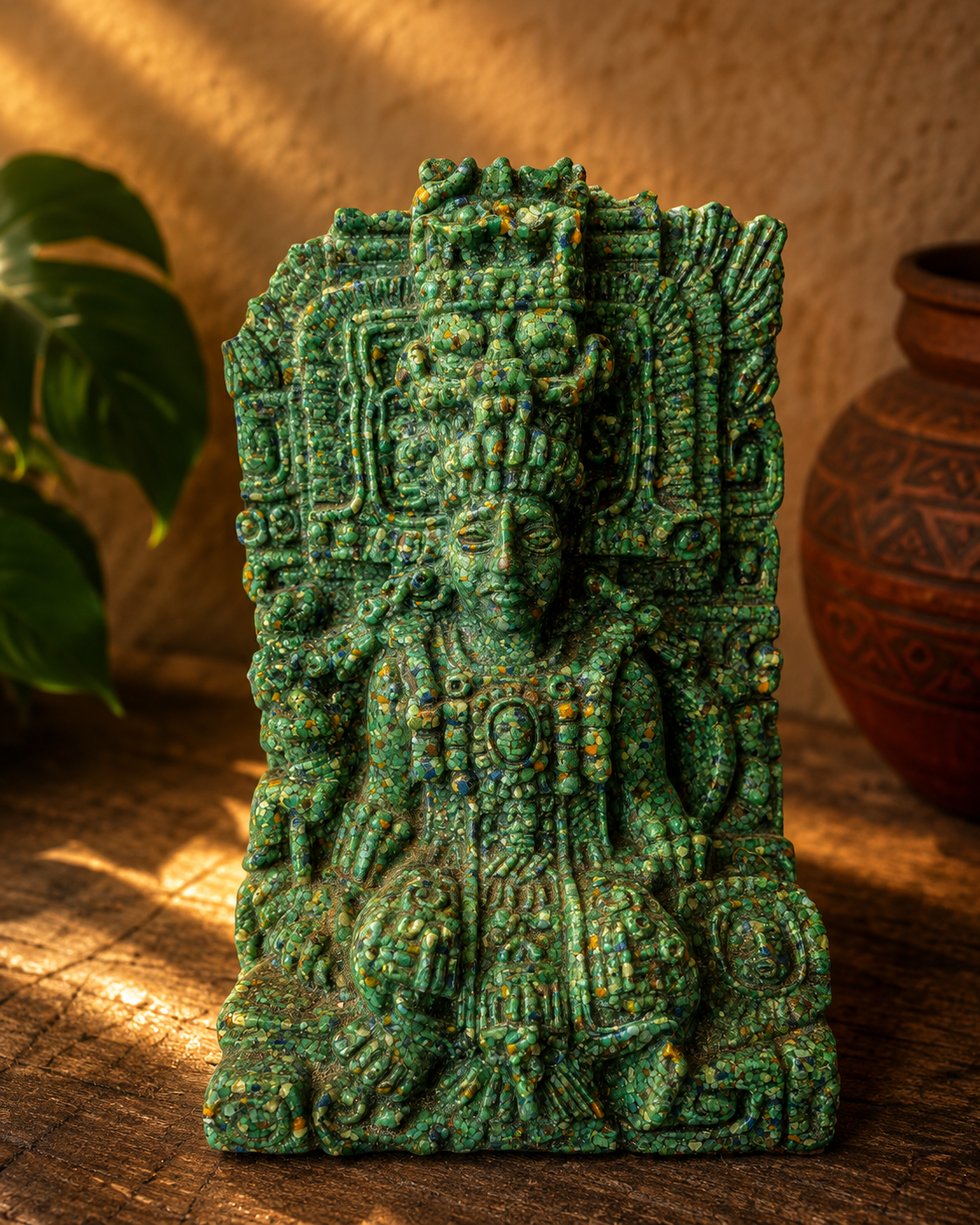 Souverain Maya en Malachite – Sculpture Mexicaine Vintage – Art Précolombien