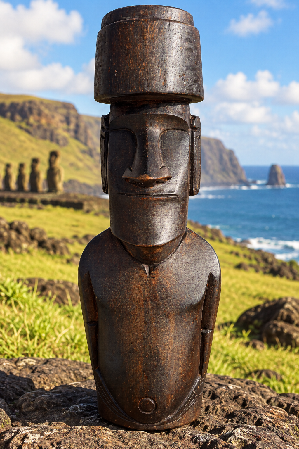 Grand Moaï de Rapa Nui avec Pukao – Bois sculpté et gravé – Île de Pâques – 40 cm