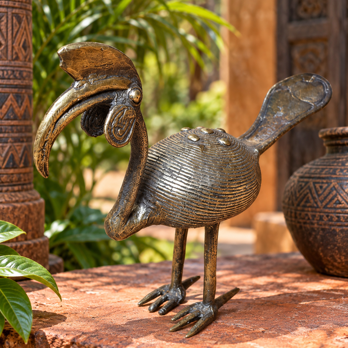 Grand calao africain en bronze ancien – Sculpture tribale Akan / Ashanti – 1,2 kg