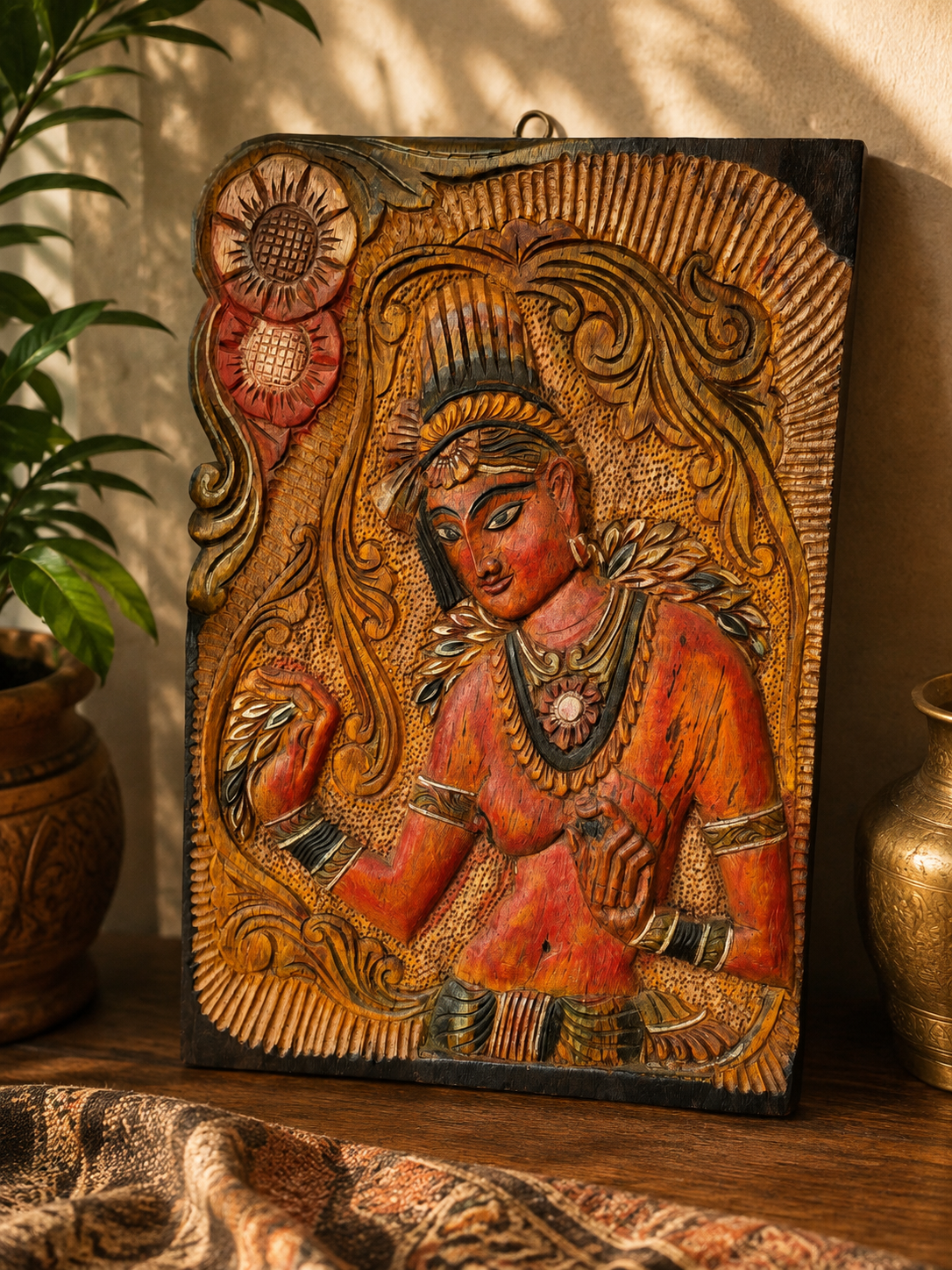 Panneau en bois sculpté représentant Les demoiselles de Sigiriya, Sri Lanka. Inde