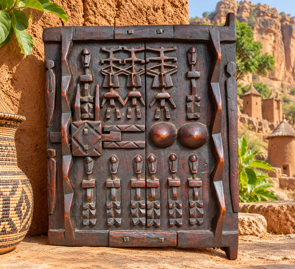 Porte de grenier Dogon en bois sculpté – Mali – Art africain traditionnel – Serrure ancienne