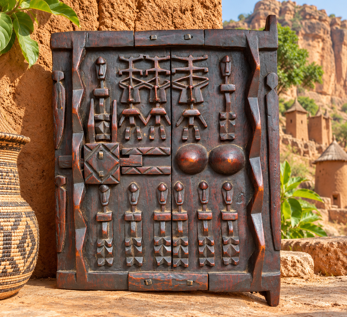 Porte de grenier Dogon en bois sculpté – Mali – Art africain traditionnel – Serrure ancienne