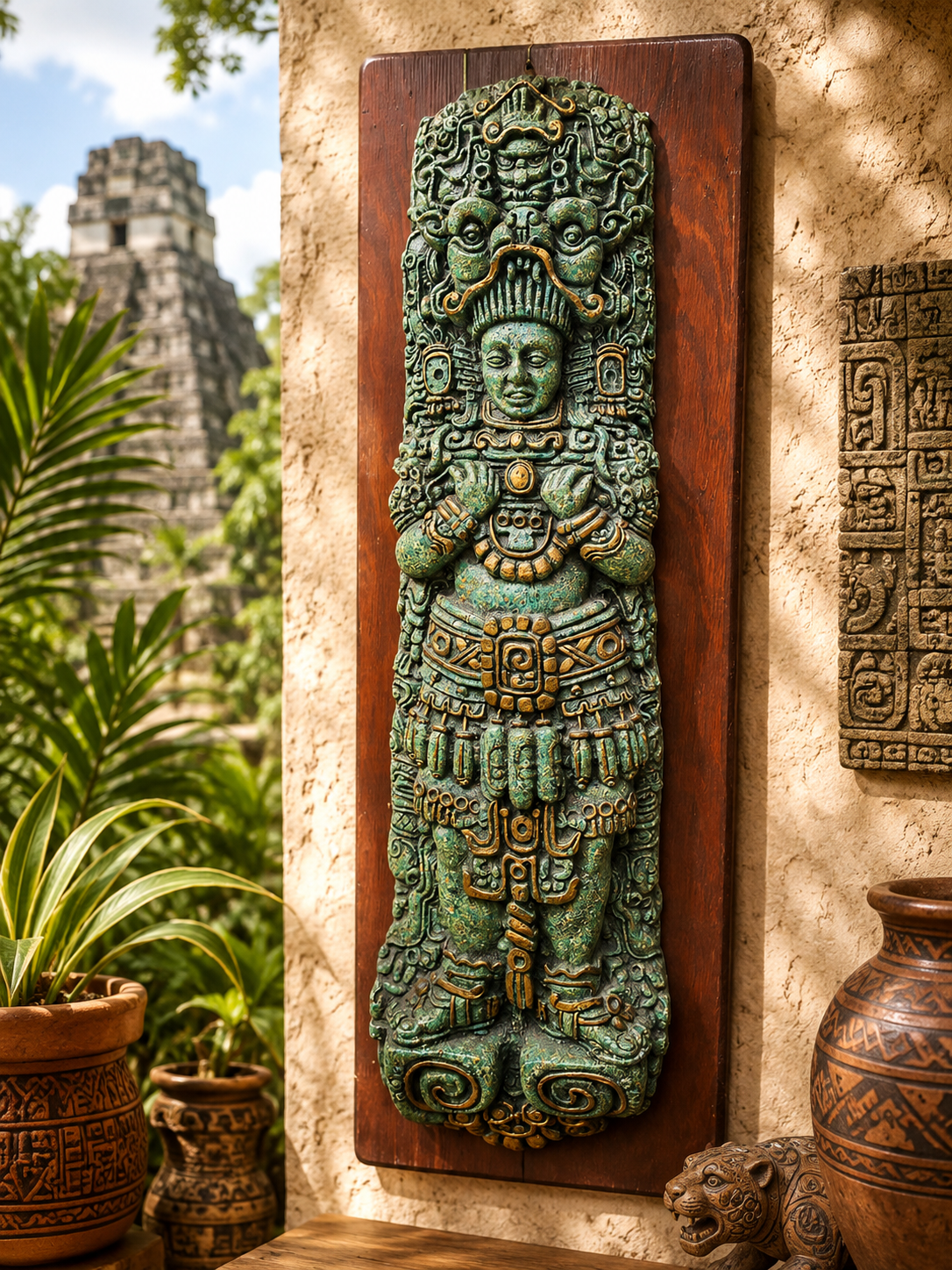 Grand Relief Maya en Malachite – Arte Azteca – Art Mexicain Vintage