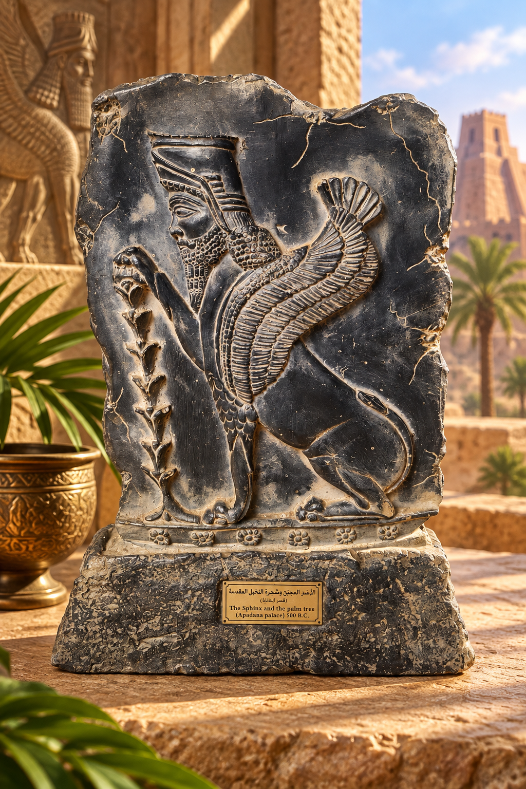 Sculpture muséale “The Sphinx and the Palm Tree” – Reproduction du Palais Apadana (500 av. J.-C.), portes de Persépolis, Mésopotamie.