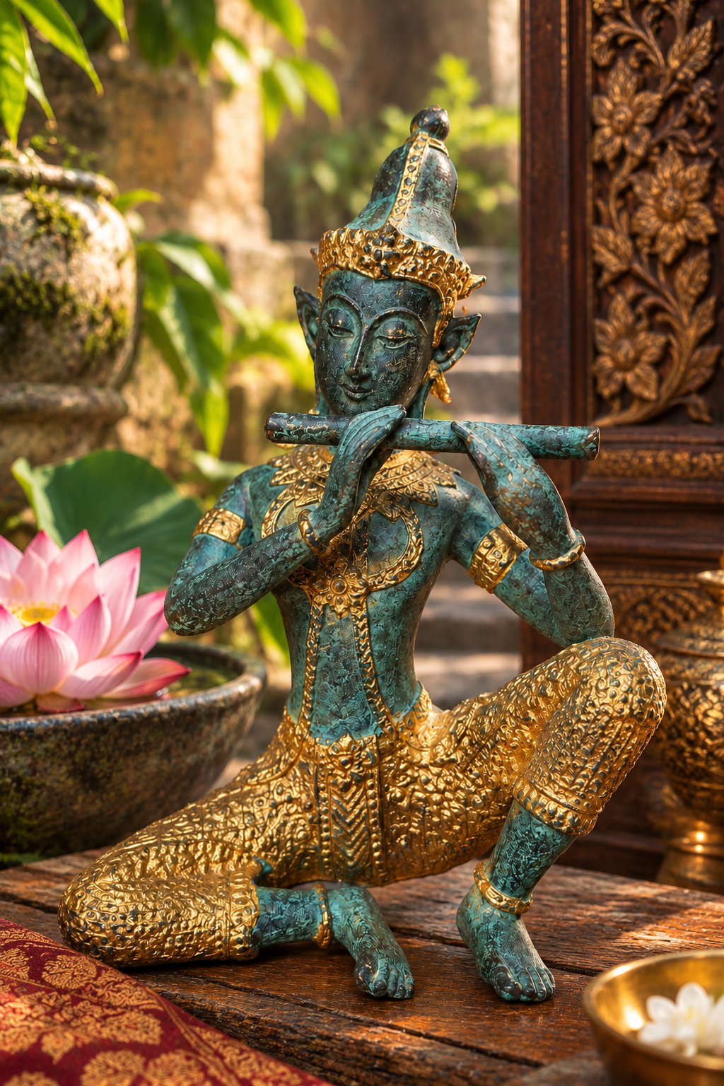 Musicien céleste thaïlandais à la flûte en bronze – Theppanom – Patine turquoise et dorée