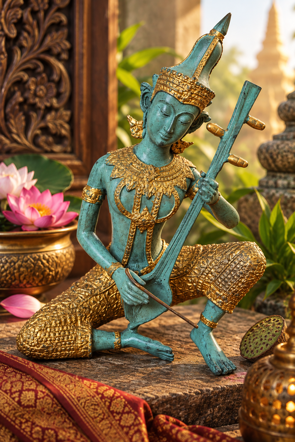 Grande musicienne céleste thaïlandaise en bronze – Instrument à cordes – Patine turquoise et or – 20 cm